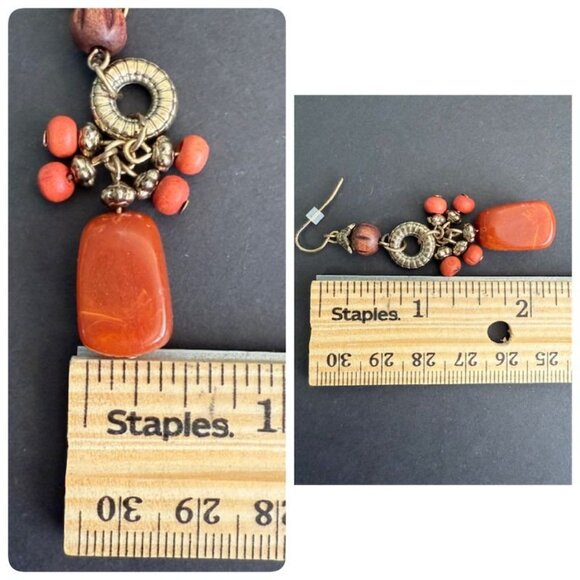 Vintage 80's Orange Aux Agate Wood Bead Necklace Earrings Set W/ Brass Accents - Picture 7 of 8